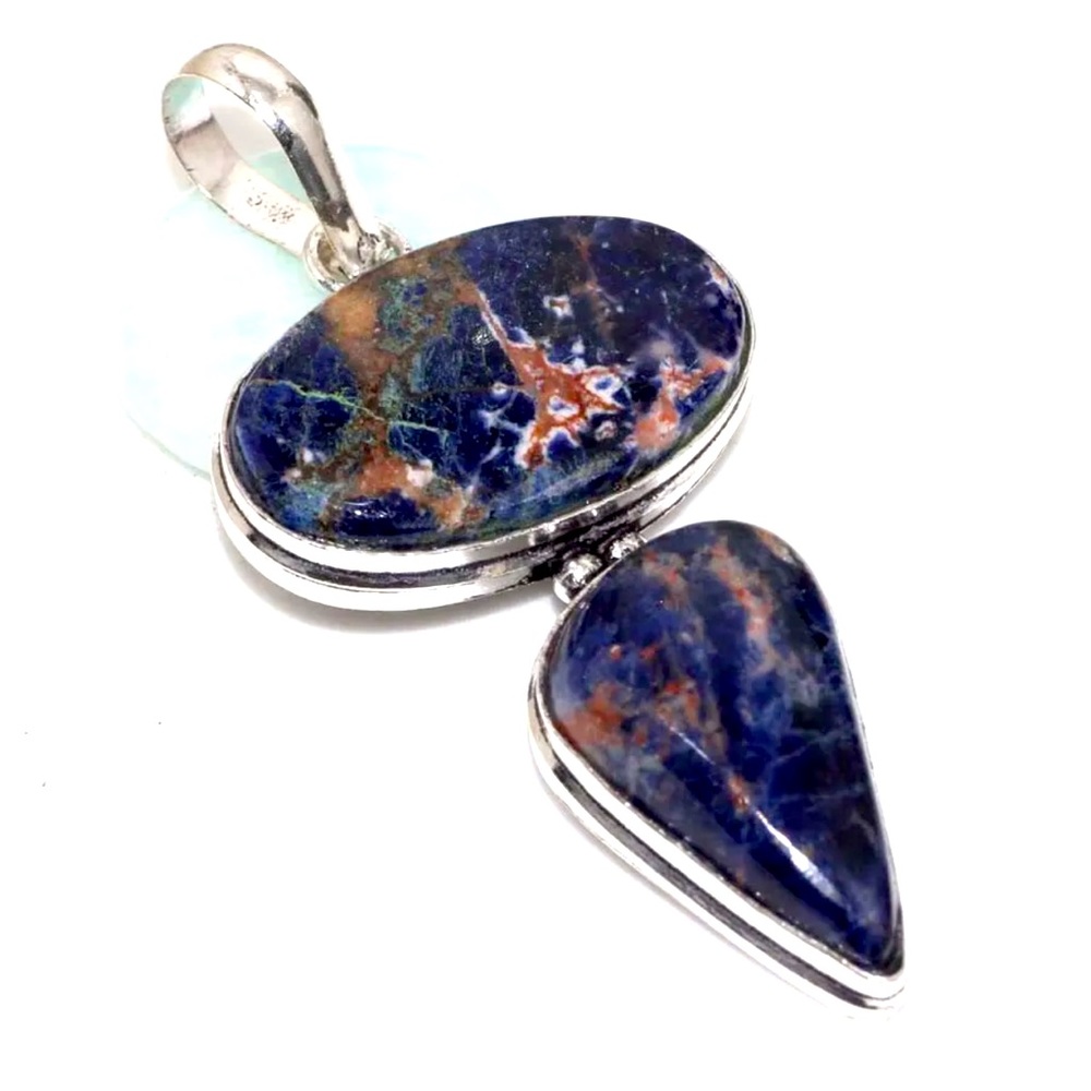 Sodalite Gemstone Healing, Energy 925 Silver Plated Handmade Pendant 2.6"